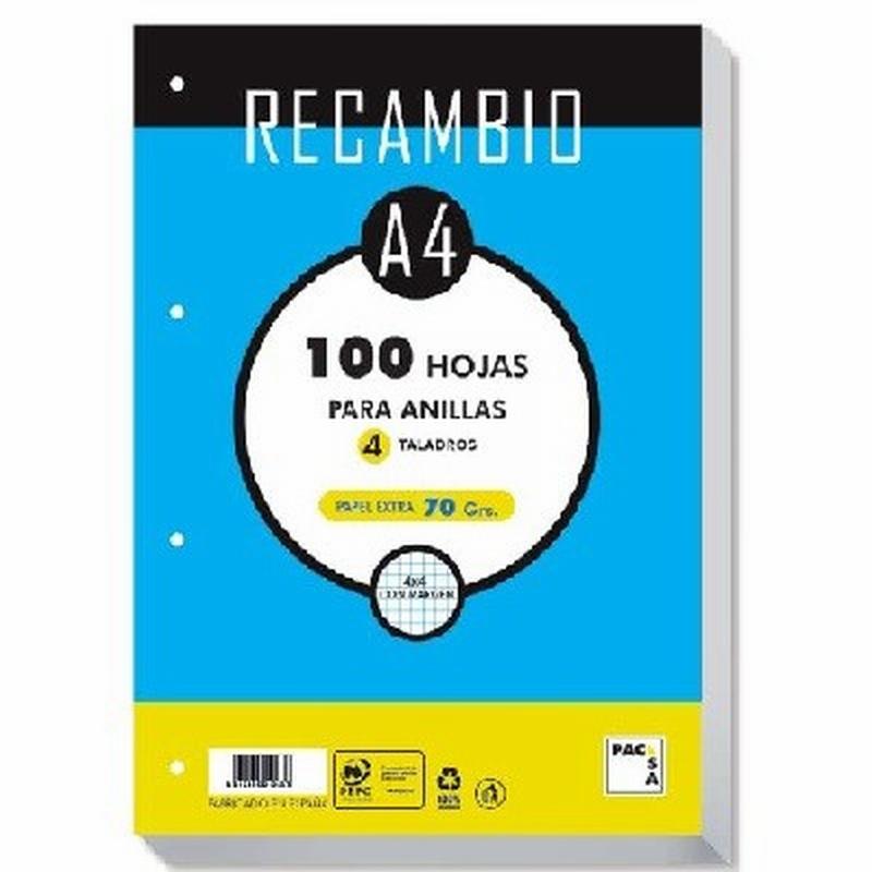 RECAMBIO DE HOJAS PACSA FOLIO 100 HOJAS 4 TALADROS CUADRICULA 4X4 70 GRS. (21211) DE PACSA - RECAMB.4ANI.F.CU.C/M.100H.SAM