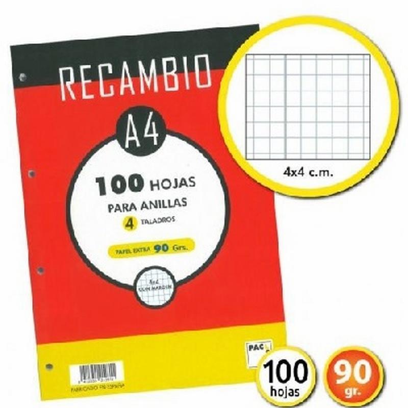 RECAMBIO DE HOJAS PACSA DINA4 100 HOJAS 4 TALADROS CUADRICULA 4X4 90 GRS. (21281) - RECAMB.4ANI.A4.CUADRIC.C/M.90GR.PACSA