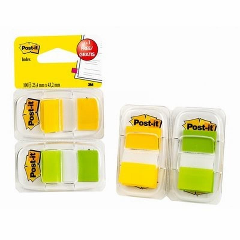 BANDERITAS SEÑALIZADORAS POST-IT DE 1" AMARILLO Y VERDE 1+1 GRATIS 50 UNIDADES POR COLOR (680-2YG2EU)