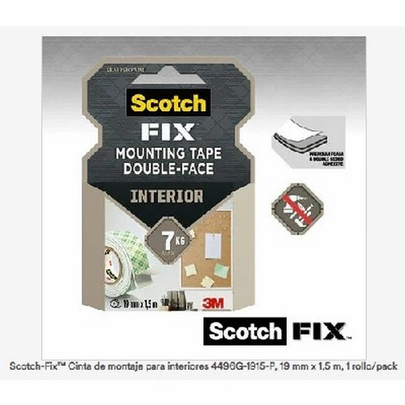 CINTA ADHESIVA SCOTCH FIX ROLLO DE 1,5M x 19MM HASTA 7KG. (4496G-1915-P) - C.ADH.DOBLE CARA 33M*19MM SCOTH RESISTENTE