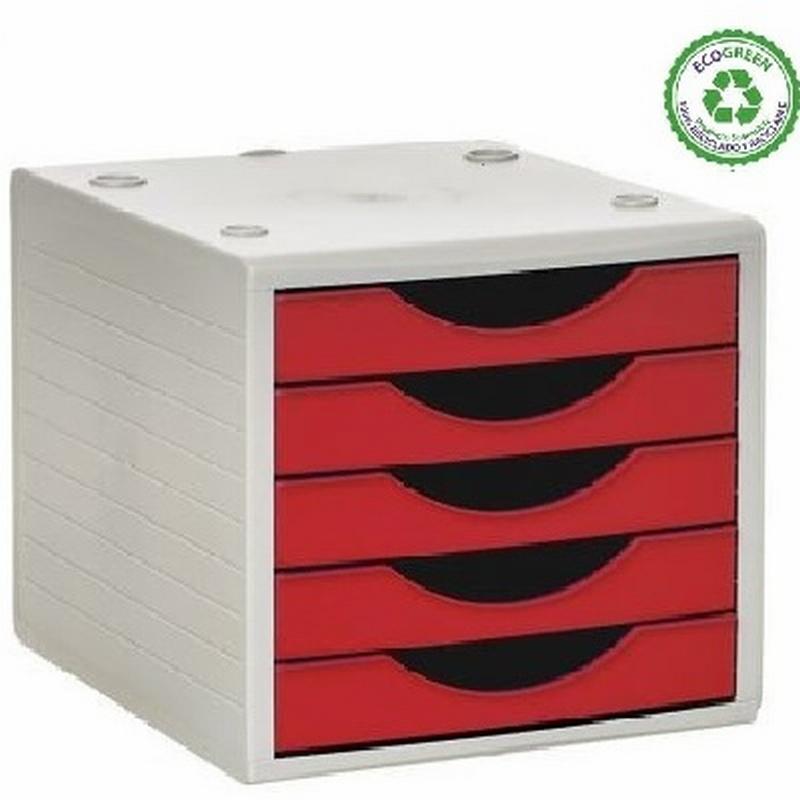 FICHERO DE 5 CAJONES DE SOBREMESA GRIS ARCHIVO 2000 APILABLE FRONTAL ROJO  260X270X340 MM (4005 RJ) - CONJUNTO 5 CAJONES