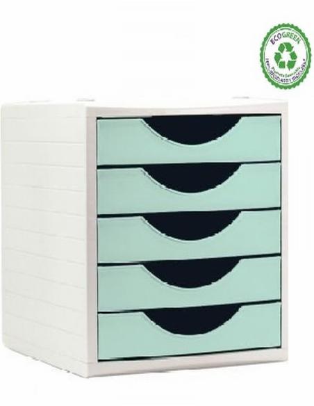 FICHERO DE 5 CAJONES DE SOBREMESA GRIS ARCHIVO 2000 APILABLE FRONTAL VERDE PASTEL 260X270X340 MM (4005 VE PS)