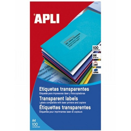 ETIQUETA ADHESIVA APLI LASER FOTOCOPIADORA POLIESTER 70X37 MM. TRANSLUCIDA 20 HOJAS DIN A4 480 ETIQUETAS (1224)