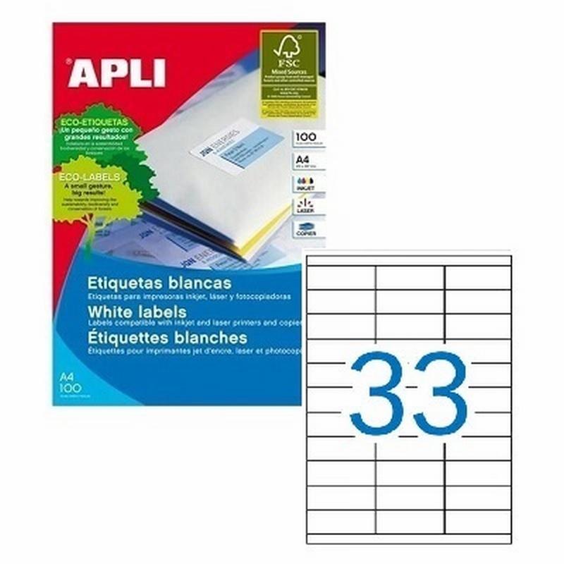 ETIQUETA ADHESIVA BLANCA APLI 70X25,4 MM PARA FOTOCOPIADORA LASER INK-JET CAJA DE 3300 ETIQUETAS 100 HOJAS DIN A4 (01270)