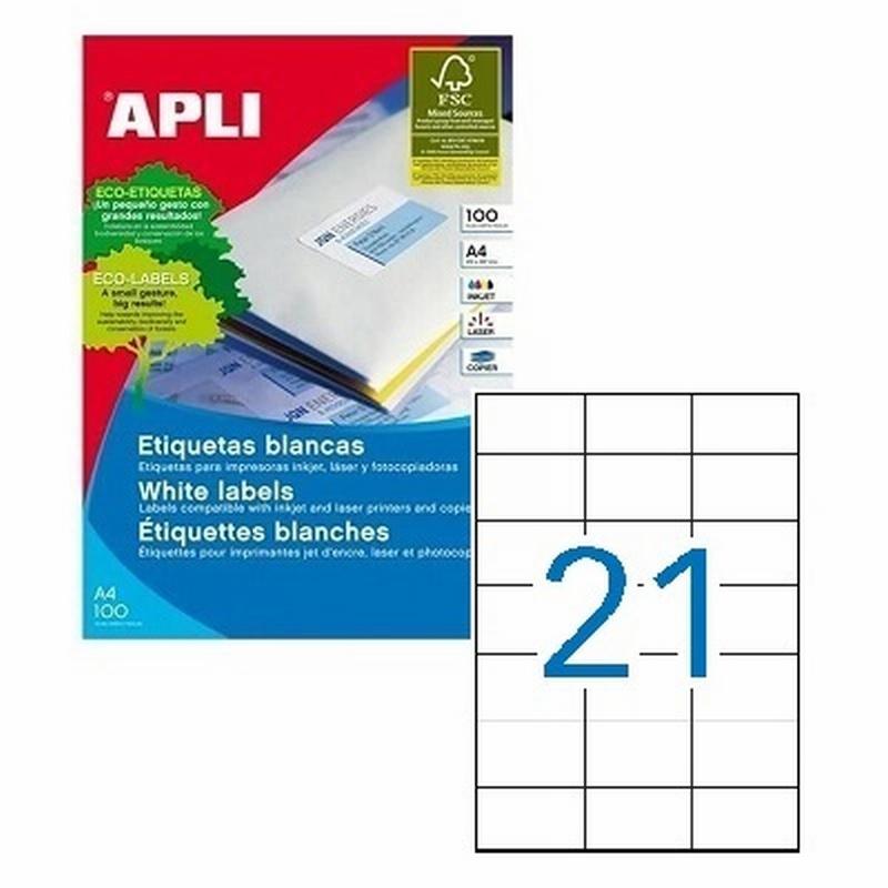 ETIQUETA ADHESIVA BLANCA APLI 70X42,4 MM PARA FOTOCOPIADORA LASER INK-JET CAJA DE 2100 ETIQUETAS 100 HOJAS DIN A4 (01276)