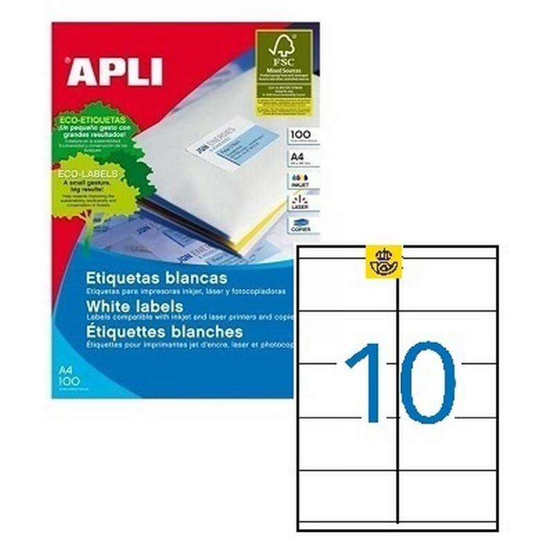 ETIQUETA ADHESIVA APLI LASER FOTOCOPIADORA INKJET 105X57 MM BLANCA 100 HOJAS DIN A4 1000 ETIQUETAS (01278)