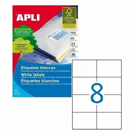 ETIQUETA ADHESIVA APLI LASER FOTOCOPIADORA INKJET 105X74 MM BLANCA 100 HOJAS DIN A4 800 ETIQUETAS (01279)