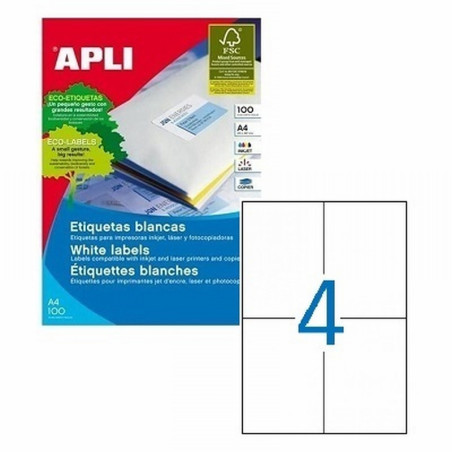 ETIQUETA ADHESIVA APLI LASER FOTOCOPIADORA INKJET 105X148 MM BLANCA 100 HOJAS DIN A4 400 ETIQUETAS (01280)