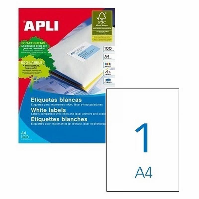 ETIQUETA ADHESIVA BLANCA APLI 210X297 MM PARA FOTOCOPIADORA LASER INK-JET CAJA DE 100 ETIQUETAS 100 HOJAS DIN A4 (01281)