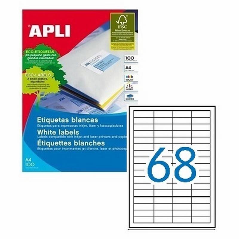 ETIQUETA ADHESIVA BLANCA APLI 48.5X16.9 MM PARA FOTOCOPIADORA LASER INK-JET CAJA DE 6800 ETIQUETAS 100 HOJAS DIN A4 (01282)