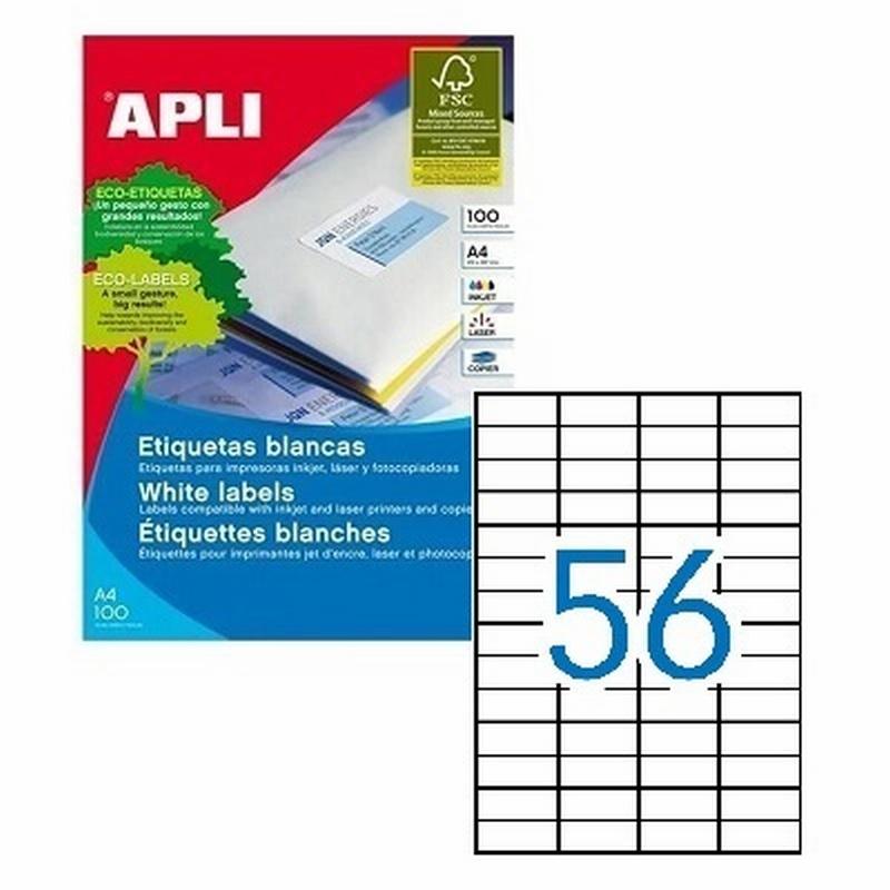 ETIQUETA ADHESIVA APLI LASER FOTOCOPIADORA INKJET 52.5X21 MM BLANCA 100 HOJAS DIN A4 5600 ETIQUETAS (01284)