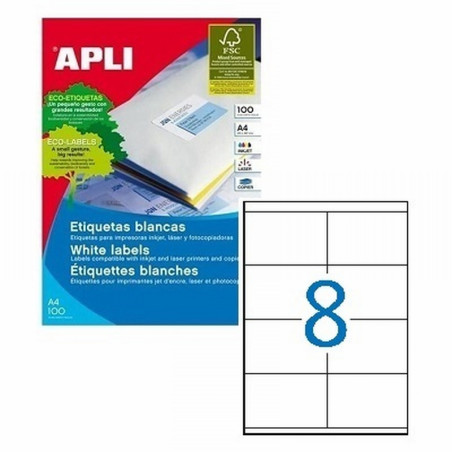 ETIQUETA ADHESIVA APLI LASER FOTOCOPIADORA INKJET 105X70 MM BLANCA 100 HOJAS DIN A4 800 ETIQUETAS (01292)