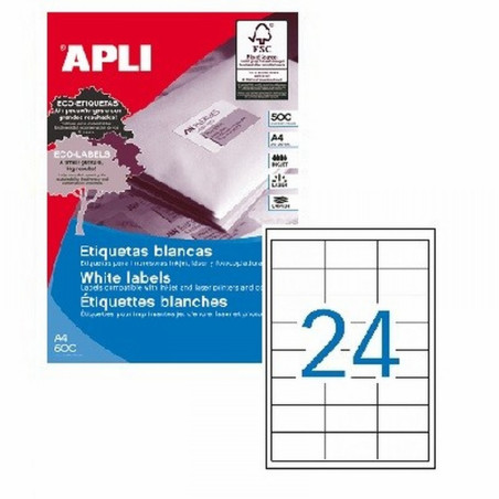 ETIQUETA ADHESIVA APLI LASER FOTOCOPIADORA INKJET 64.6X33.8 MM BLANCA 500 HOJAS DIN A4 12000 ETIQUETAS (01781)