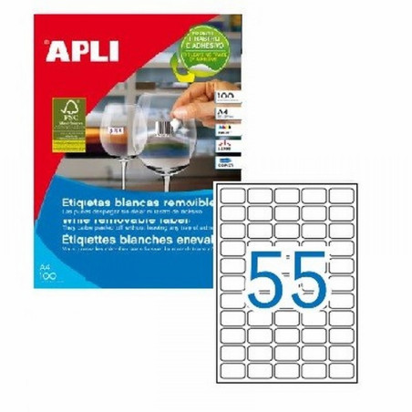 ETIQUETA ADHESIVA REMOVIBLE APLI LASER FOTOCOPIADORA INKJET 36.8X23.8 MM BLANCA 100 HOJAS DIN A4 5500 ETIQUETAS (03051)