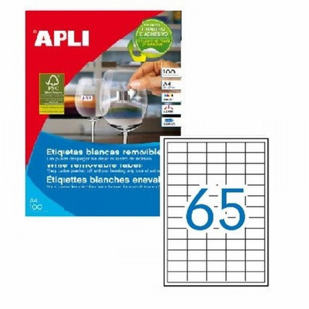 ETIQUETA ADHESIVA REMOVIBLE APLI LASER FOTOCOPIADORA INKJET 38.0X21,2 MM BLANCA 100 HOJAS DIN A4 6500 ETIQUETAS (03052)