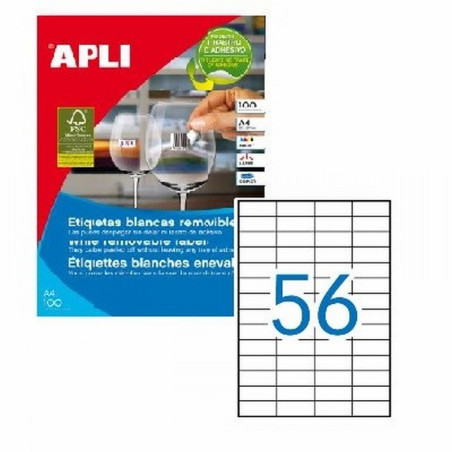 ETIQUETA ADHESIVA REMOVIBLE APLI LASER FOTOCOPIADORA INKJET 52.5X21.2 MM BLANCA 100 HOJAS DIN A4 5600 ETIQUETAS (03055)