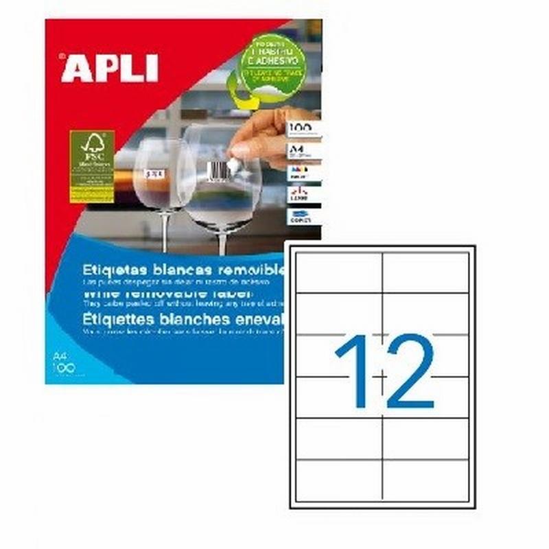 ETIQUETA ADHESIVA REMOVIBLE APLI LASER FOTOCOPIADORA INKJET 97X42.4 MM BLANCA 100 HOJAS DIN A4 1200 ETIQUETAS (03057)