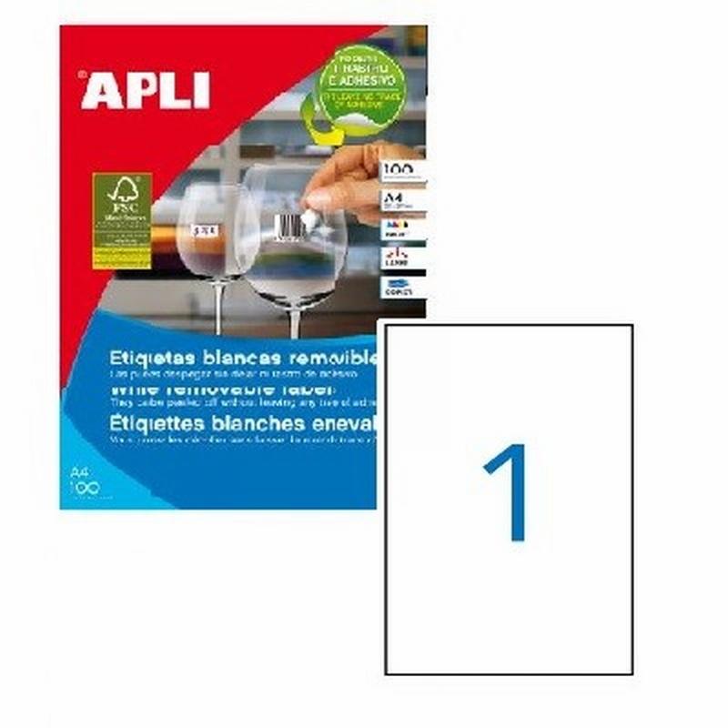ETIQUETA ADHESIVA REMOVIBLE APLI LASER FOTOCOPIADORA INKJET 210X297 MM BLANCA 100 HOJAS DIN A4 100 ETIQUETAS (03060)