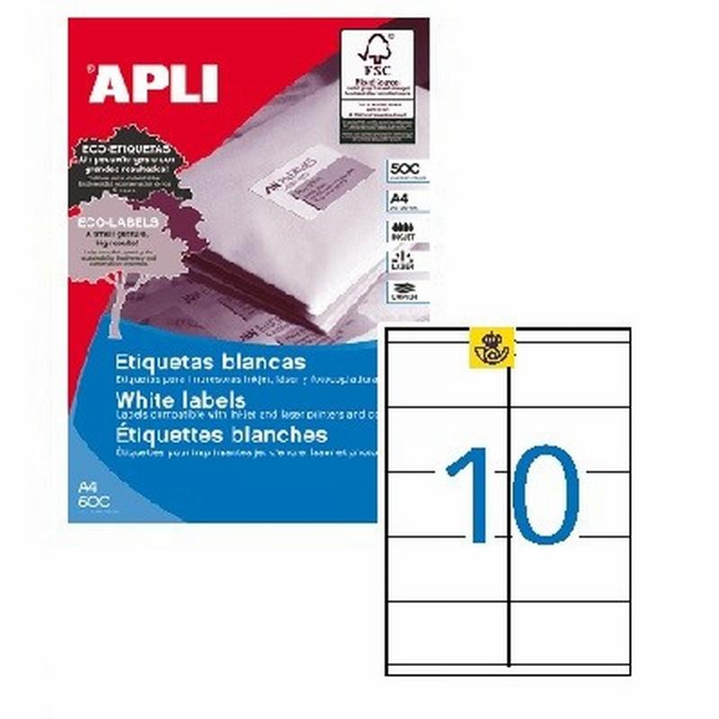 ETIQUETA ADHESIVA APLI LASER FOTOCOPIADORA INKJET 105X57 MM BLANCA 500 HOJAS DIN A4 5000 ETIQUETAS (10564)