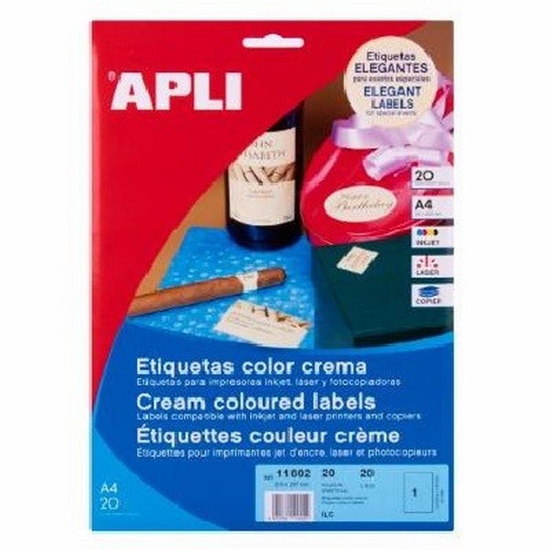 ETIQUETA ADHESIVA APLI CREMA APLI 210X297 MM PARA FOTOCOPIADORA LASER INK-JET CAJA CON 20 HOJAS DIN A4 (11802)