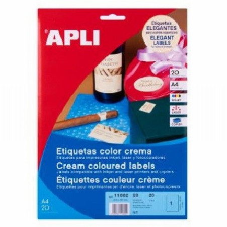 ETIQUETA ADHESIVA APLI LASER/COPY/INKJET 210X297 MM CREMA DIN A4 20 HOJAS 20 ETIQUETAS (11802) - ETIQUETA A4 CREMA 210*297 CJ.20