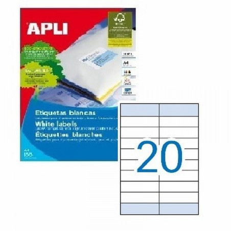 ETIQUETA ADHESIVA APLI LASER FOTOCOPIADORA INKJET 105X28,75 MM BLANCA 100 HOJAS DIN A4 2000 ETIQUETAS (12330)