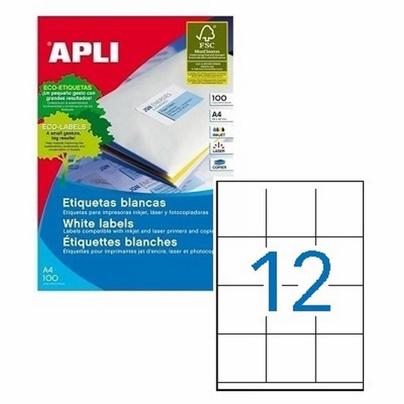 ETIQUETA ADHESIVA APLI LASER FOTOCOPIADORA INKJET 70X67,7 MM BLANCA 100 HOJAS DIN A4 1200 ETIQUETAS (01290)