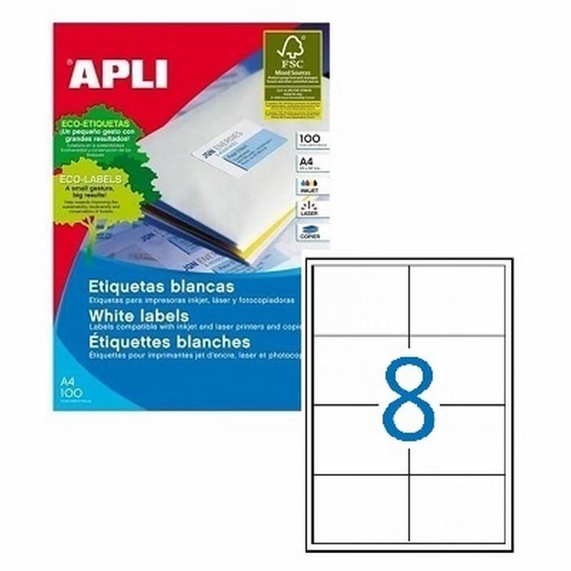 ETIQUETA ADHESIVA BLANCA APLI 97X67,7 MM PARA FOTOCOPIADORA LASER INK-JET CAJA DE 800 ETIQUETAS 100 HOJAS DIN A4 (01291)