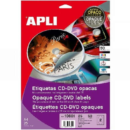 ETIQUETA APLI MULTIMEDIA PARA CD/DVD 117 DIAMETRO 50 UNIDADES (10601) - ETIQ.CD CJ50 117MM OPACA