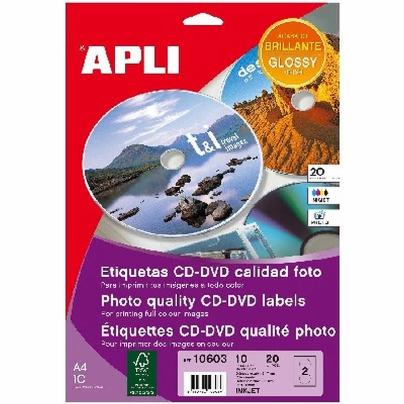 ETIQUETAS APLI CD/DVD PERMANENTES TAMAÑO MEGA BRILLANTE 20 UNIDADES INK JET (10603) - ETIQ.CD GLOSSY 117MM 10HJ*2 2880PP 10603