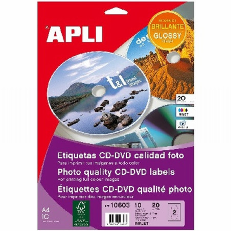 ETIQUETAS APLI CD/DVD PERMANENTES TAMAÑO MEGA BRILLANTE 20 UNIDADES INK JET (10603) - ETIQ.CD GLOSSY 117MM 10HJ*2 2880PP 10603