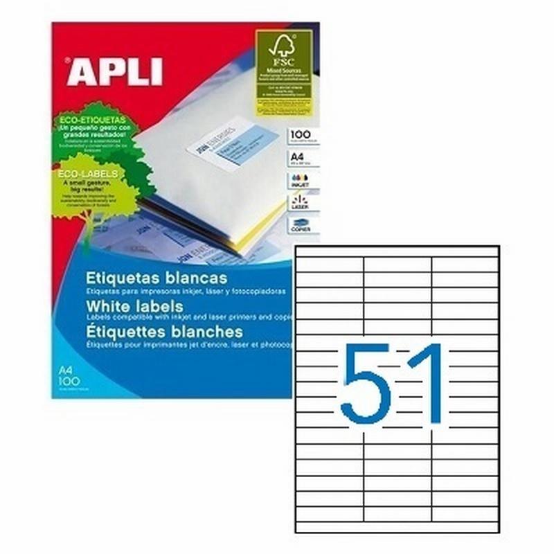 ETIQUETA ADHESIVA APLI LASER FOTOCOPIADORA INKJET 70X16.9 MM BLANCA 100 HOJAS DIN A4 5100 ETIQUETAS (01294)