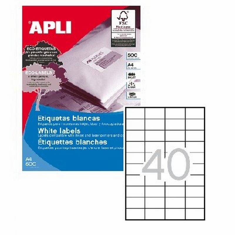 ETIQUETA ADHESIVA APLI LASER FOTOCOPIADORA INKJET 52.5X29.7 MM BLANCA 500 HOJAS DIN A4 20000 ETIQUETAS (01778)