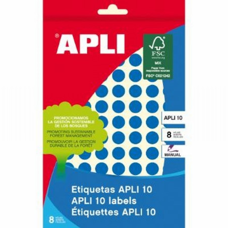 ETIQUETAS APLI -GOMET- REDONDAS Ø 10 MM AZULES ESCRITURA MANUAL 8 HOJAS (02731) - ETIQ.SOBRE AZ.10MM.CIRCULO 1008U