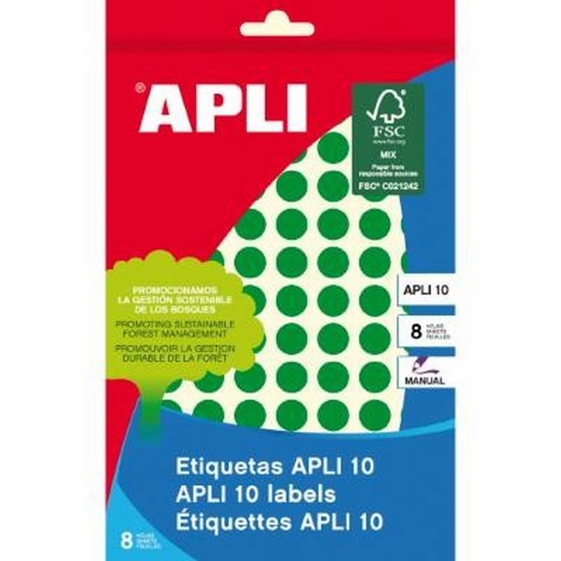 ETIQUETAS APLI -GOMET- REDONDAS Ø 10 MM VERDES ESCRITURA MANUAL 8 HOJAS (02733) - ETIQ.SOBRE VE.10MM.CIRCULO 1008U