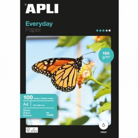 PAPEL FOTOGRAFICO APLI GLOSSY EVERYDAY INK JET DIN A4 PACK 100 HOJAS DE 180 GRS/M2 (11475) - PAP.INK.180GR.A4.GLOSSY 100HJ.
