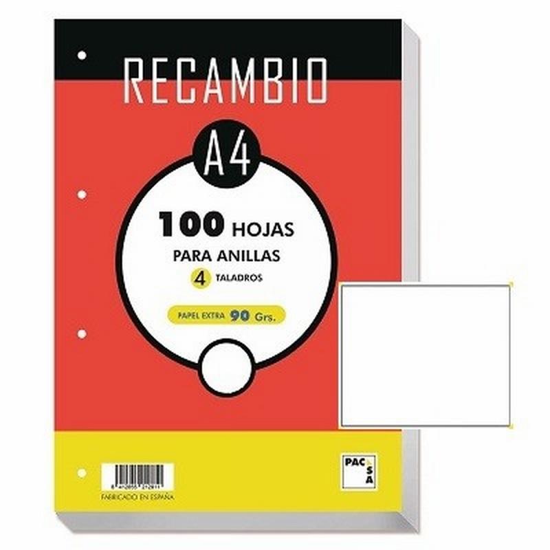 RECAMBIO DE HOJAS PACSA DINA4 100 HOJAS 4 TALADROS LISO 90 GRS. (21268) - RECAMB.4ANI.A4 LISO 90GRS.