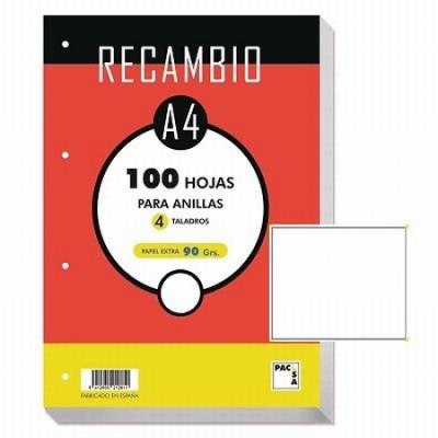 RECAMBIO DE HOJAS DINA4 100 HOJAS 4 TALADROS LISO 100...