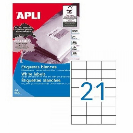 ETIQUETA ADHESIVA APLI LASER FOTOCOPIADORA INKJET 70X42,4 MM BLANCA 500 HOJAS DIN A4 10500 ETIQUETAS (01779)