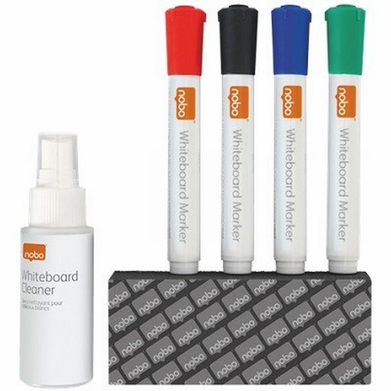 KIT NOBO PARA PIZARRA BLANCA 4 ROTULADORES COLORES SURTIDOS + BORRADOR + SPRAY LIMPIADOR (1903798) - KIT