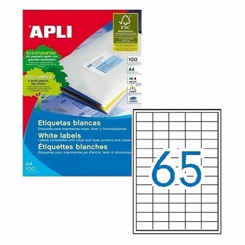 ETIQUETA ADHESIVA BLANCA APLI 38X21.2 MM PARA FOTOCOPIADORA LASER INK-JET CAJA DE 6500 ETIQUETAS 100 HOJAS DIN A4 (01283)