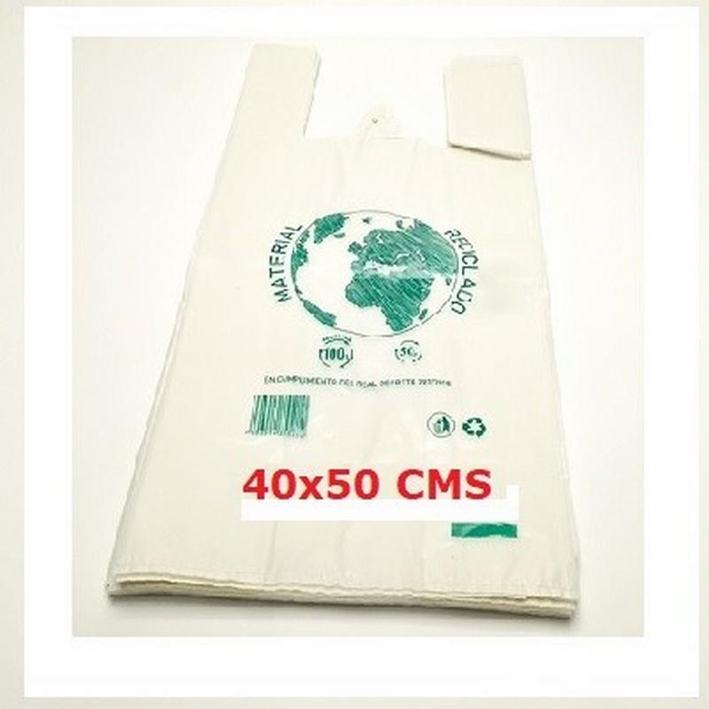 BOLSA PLASTICO CAMISETA BLANCA  100% RECICLADO 100% RECICLABLE 40X50 CM 100UNIDADES - BOLSAS PLASTICO CAMISETA 40*50 100UN