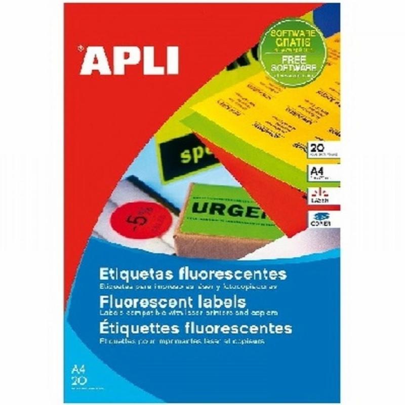 ETIQUETA ADHESIVA APLI LASER/COPY/INKJET 210X297 MM. AMARILLA FLUOR 20 HOJAS DIN A4 20 UNIDADES (02878)