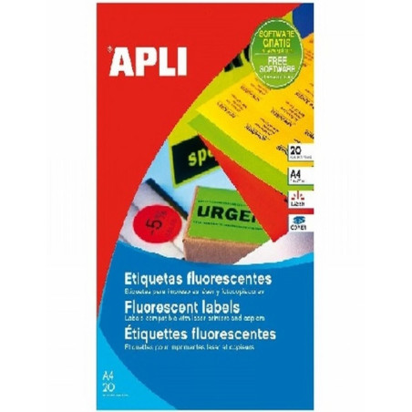 ETIQUETA ADHESIVA APLI LASER/COPY/INKJET 210X297 MM. VERDE FLUOR 20 HOJAS DIN A4 20 ETIQUETAS (02881)