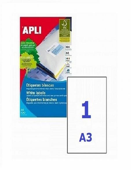 ETIQUETA ADHESIVA APLI LASER FOTOCOPIADORA INKJET 420X297 MM BLANCA 100 HOJAS DIN A3 100 ETIQUETAS (11352)